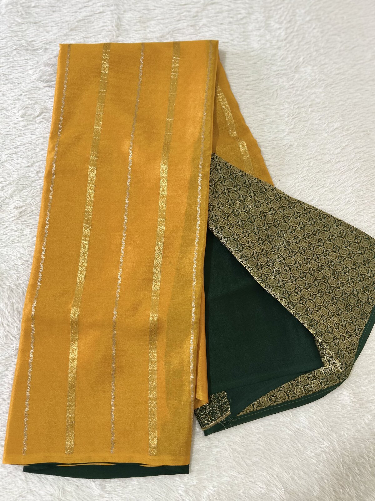Alankrita Charm — Mustard With Bottle Green Pure Crepe Silk Saree