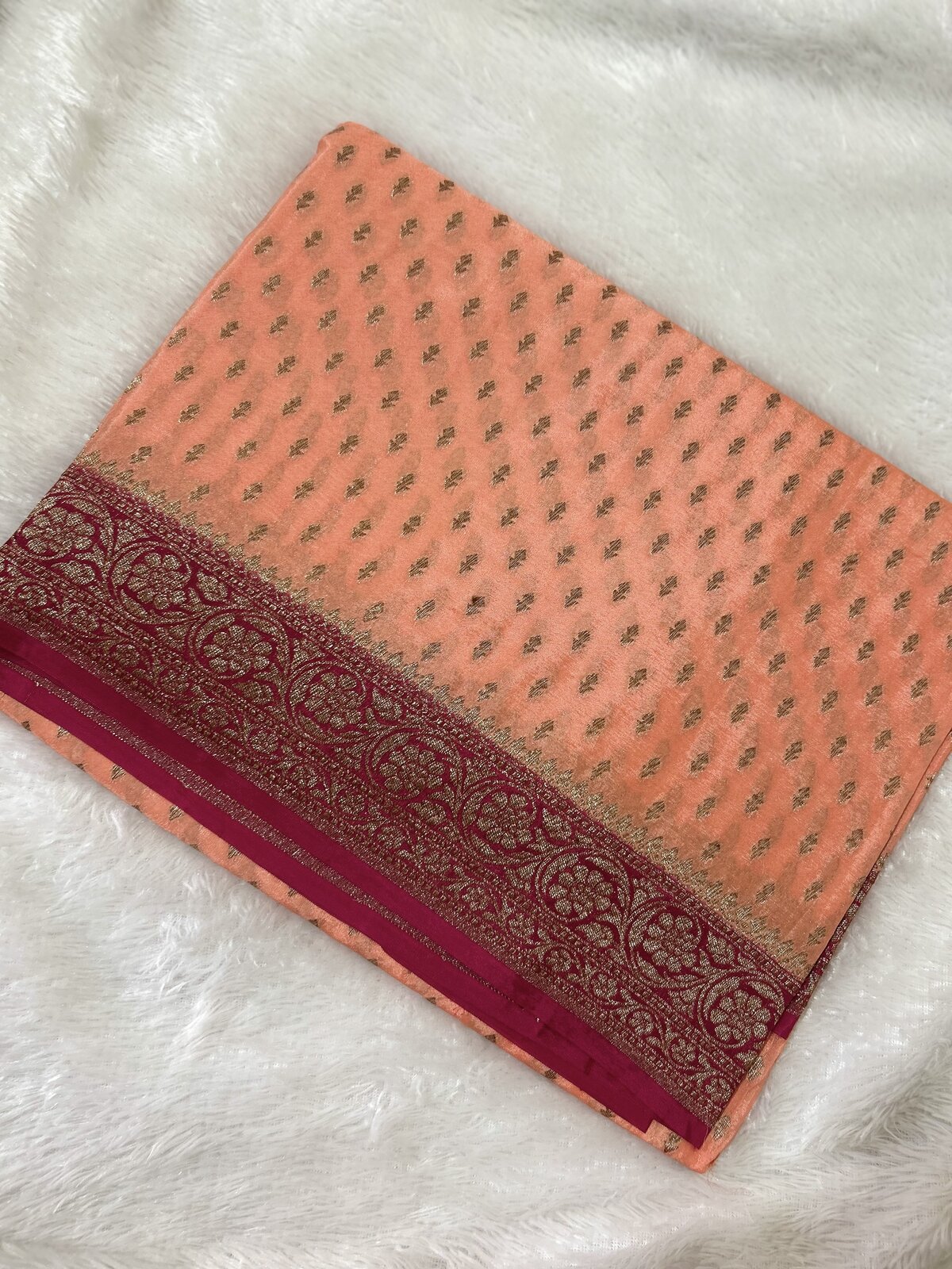 Aparna's Grace — Peach With Pink Crepe Banarasi Silk Saree