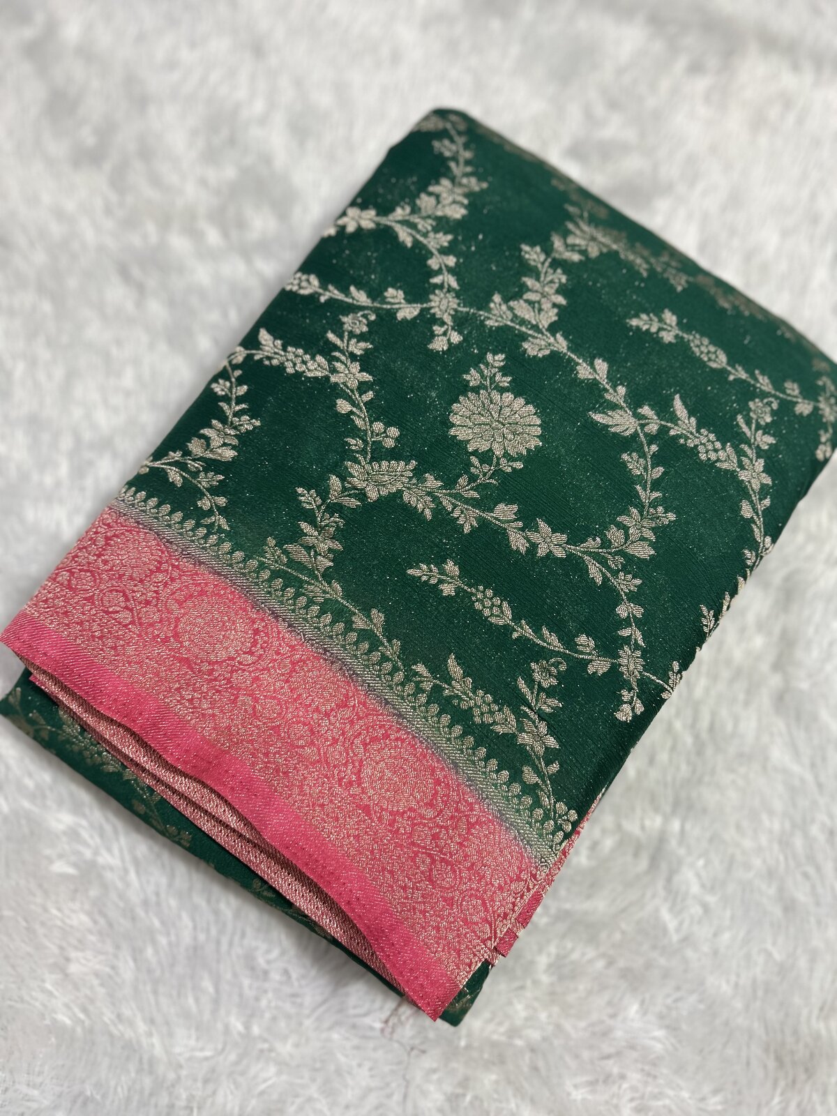 Bhamini Bloom — Bottle Green with Pink Chinon Georgette Saree — photo 3