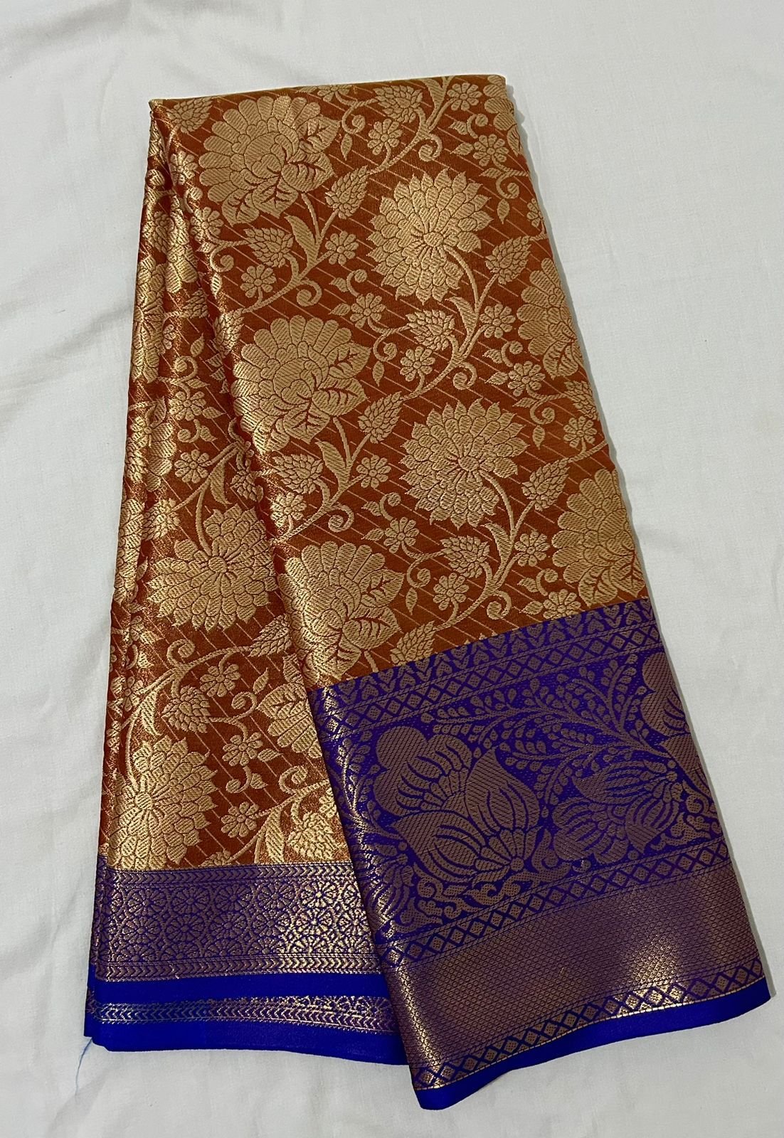 Divya Reverie — Dark Mustard With Blue Semi Kanchipuram Silk Saree