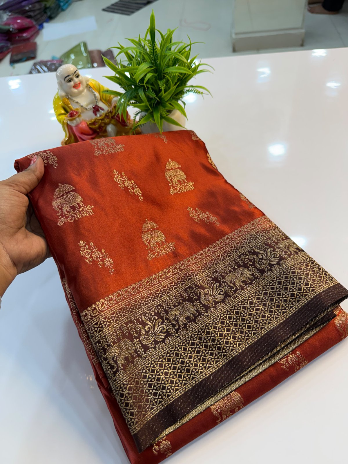 Kamalini Reverie — Rust Orange With Dark Brown Viscose Banarasi Silk Saree
