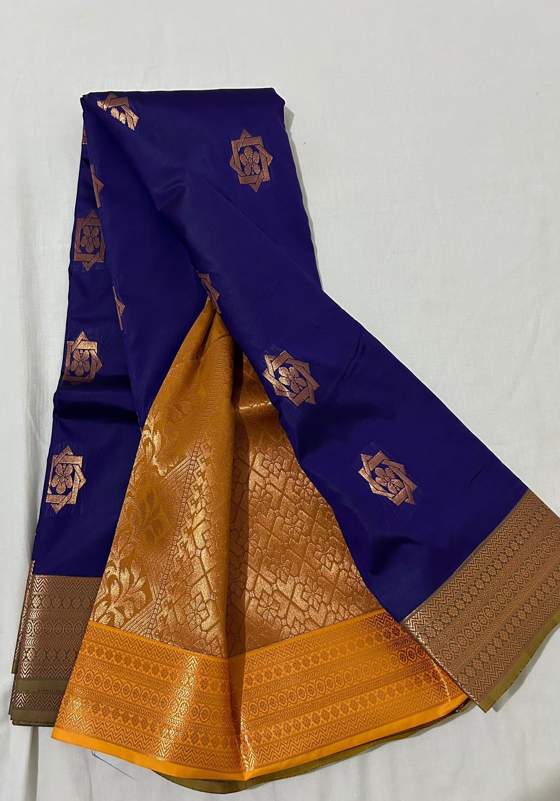 Meenakshi Charm — Dark Blue With Mustard Semi Kanchipuram Silk Saree
