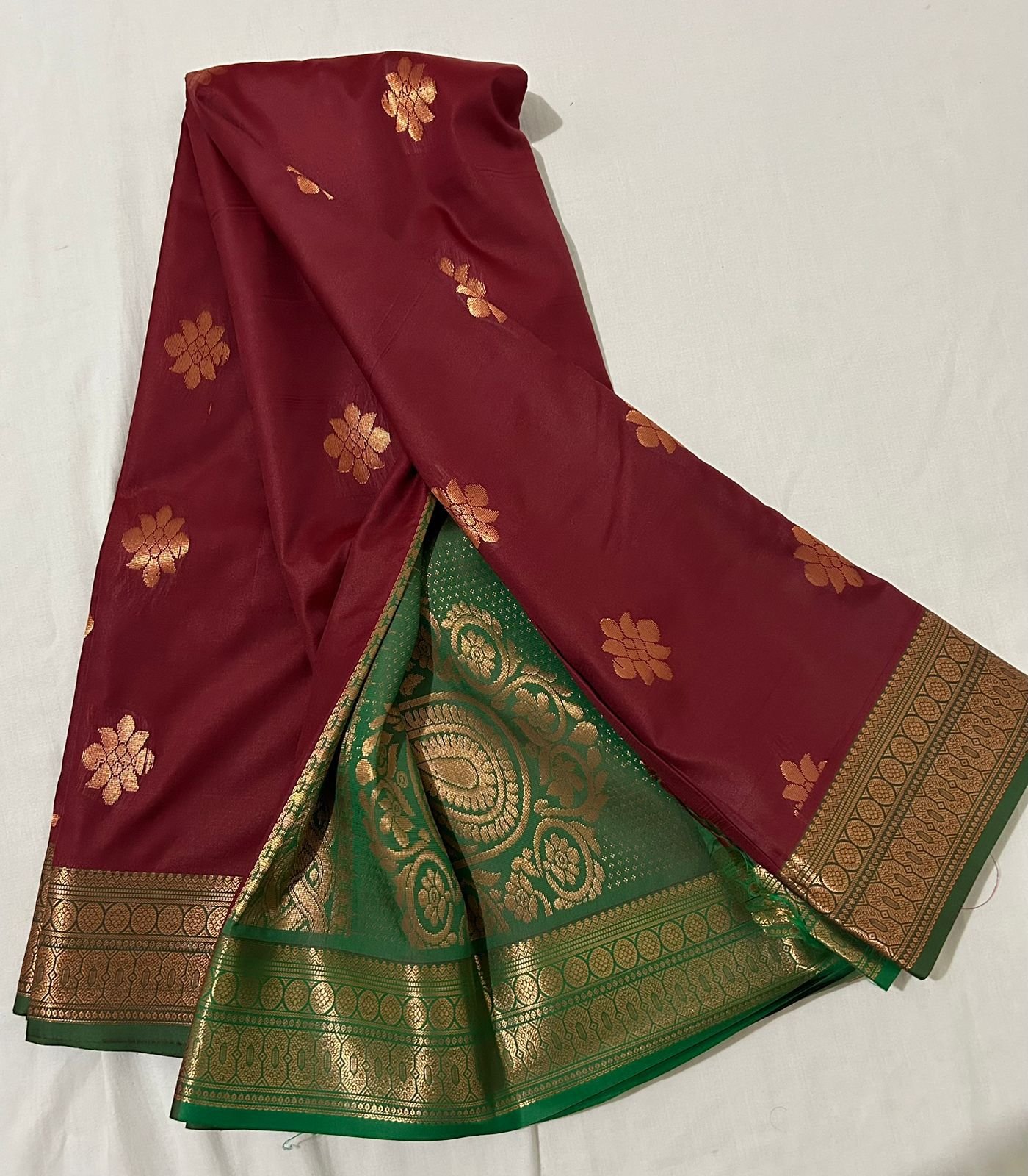 Nandini Grace — Maroon With Green Semi Kanchipuram Silk Saree