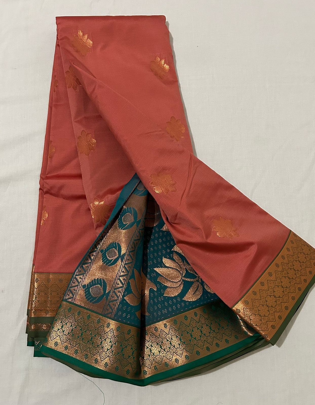 Sundari Glow — Brown With Peacock Green Semi Kanchipuram Silk Saree