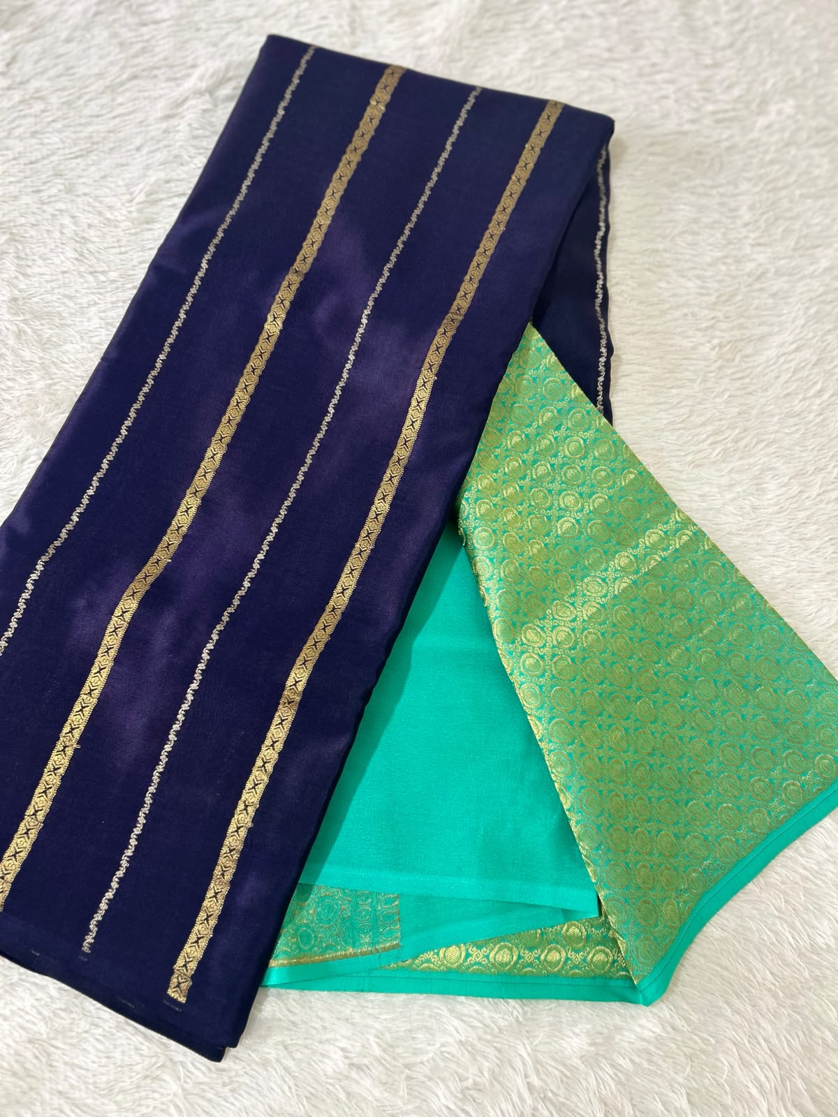 Devika Radiance — Dark Blue With Sea Green Pure Crepe Silk Saree