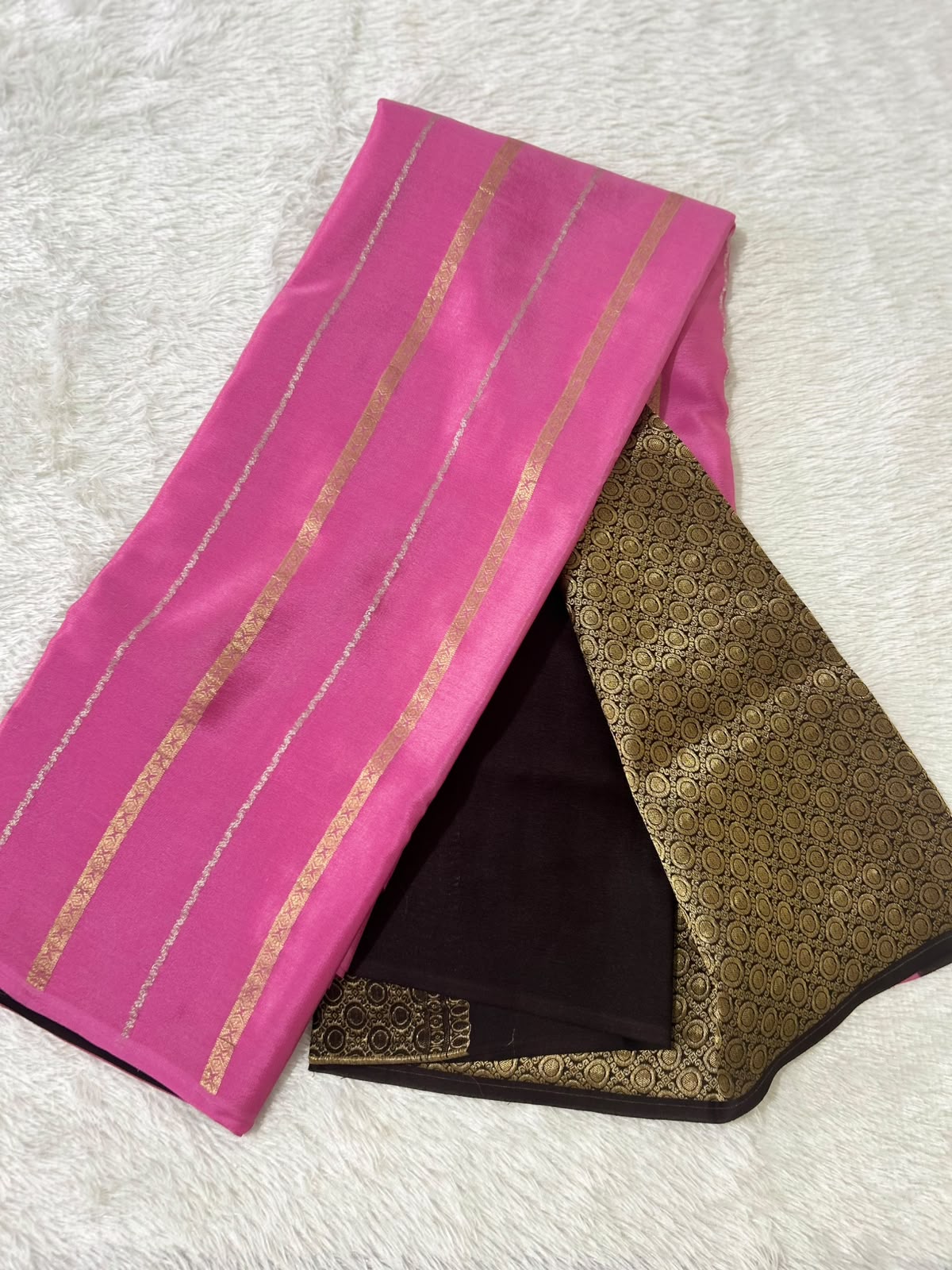 Rukmini Radiance — Baby Pink With Dark Chocolate Pure Crepe Silk Saree